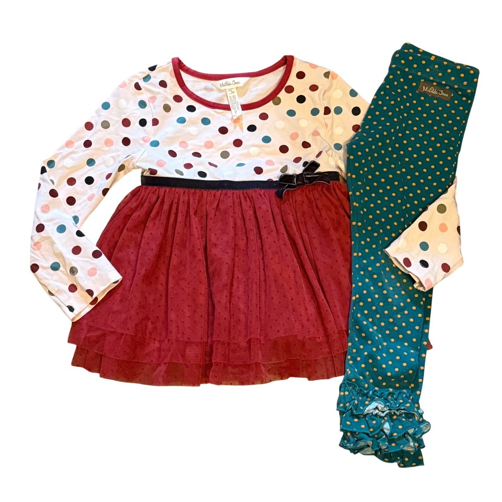 Matilda Jane Girls Polka Dot Tulle Dress and Ruffle Leggings Set Size 4 4T